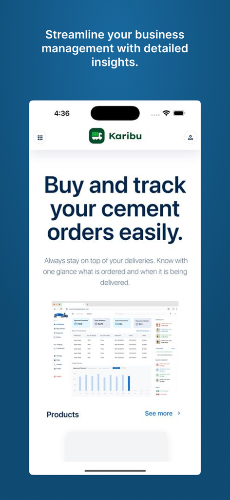 Karibu HM - Mobile screen of the Karibu HM app for buying and tracking cement orders with a business management dashboard.