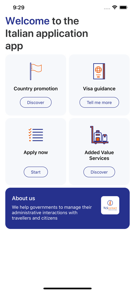 Home screen of the TLS for Italy app showing menu options for visa guidance and application