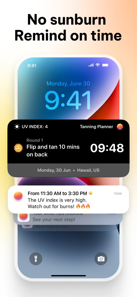 SunRay Tanning Routine App - A smartphone lock screen showing SunRay app notifications for UV index warnings and a personalized tanning flip timer.