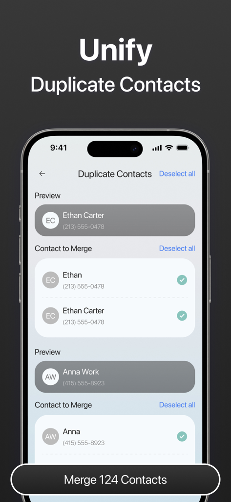 Interfaz de la aplicación móvil Wipely para identificar y fusionar contactos duplicados