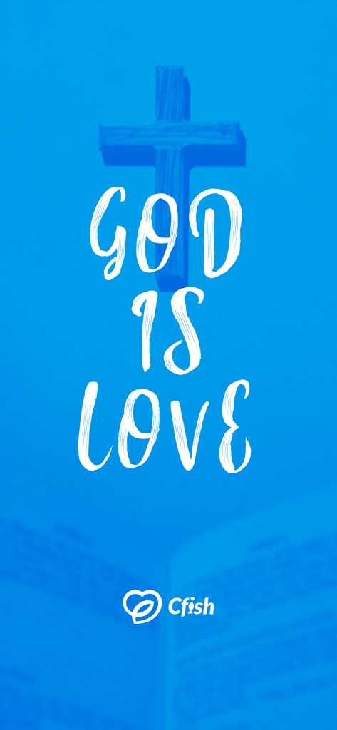 CFish Christian dating app splash screen with a cross and text that says God is Love