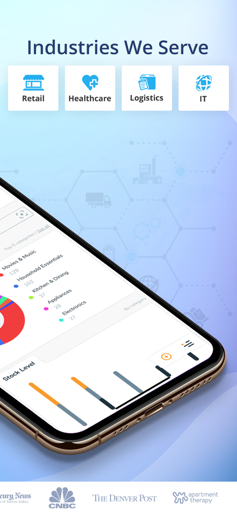 Interfaz de la aplicación de inventario Nest Egg que muestra servicios para las industrias minorista, de salud, logística y de TI