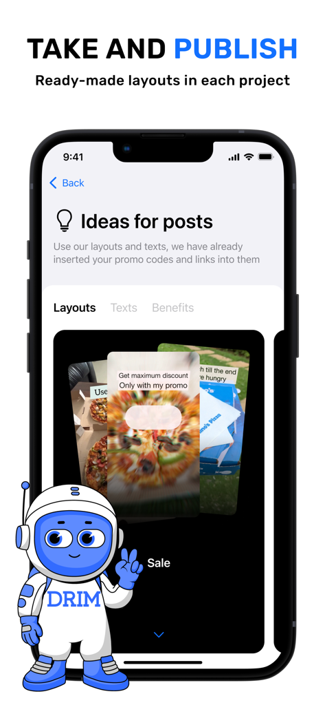 DRIM for Influencers app screen showing ready-made post layouts and creative ideas for social media campaigns
