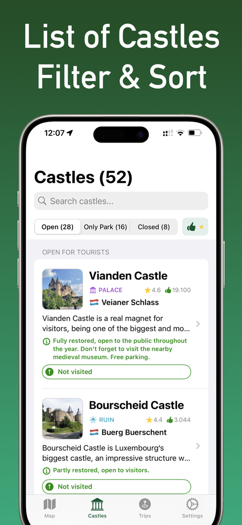 Interfaccia dell'app mobile che mostra un elenco ricercabile di castelli del Lussemburgo con filtri per stato di apertura e tipi di castello