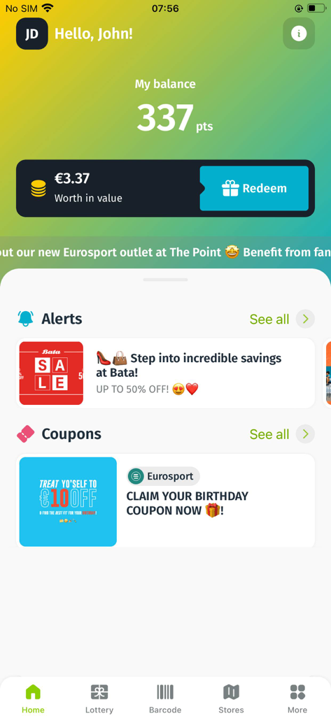 MPG Rewards - Pantalla de inicio de la aplicación MPG Rewards que muestra el saldo de puntos, el botón de canjear y cupones y alertas activos.
