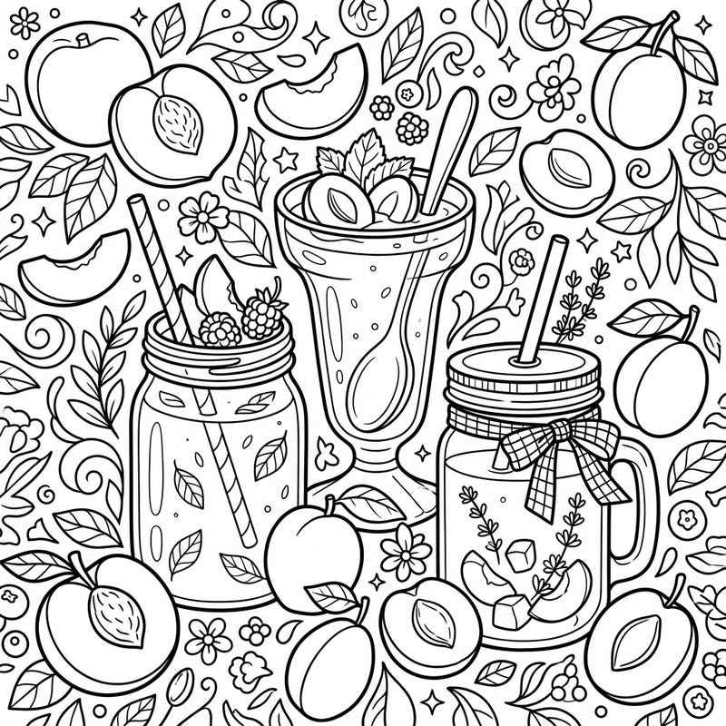 Sip into summer with this delightful coloring page featuring an array of stone fruit smoothies. Discover peaches, nectarines, and plums blended into refreshing drinks, ready for your artistic touch.