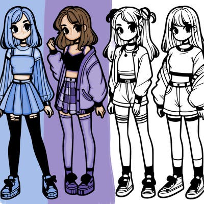 one girl with crop-top shirt and a jacket with a skirt, long socks and another girl with a shirt and pants with a jacket