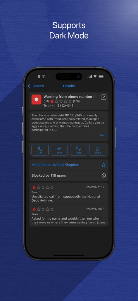 Clever Dialer App-Oberfläche im Dark-Mode zeigt eine Spam-Anruf-Warnung und Community-Bewertungen für eine betrügerische Telefonnummer an