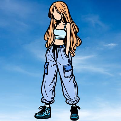 girl in baggy pants crop top and long hair