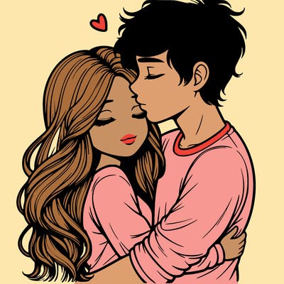 a realistic couple boy and girl hugging and kissing