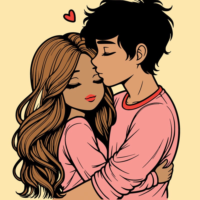 a realistic couple boy and girl hugging and kissing
