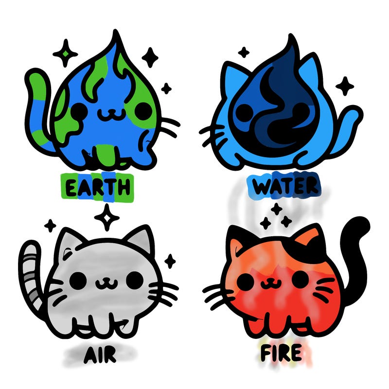 4 cats that represent the different elements, earth, water, air, and fire