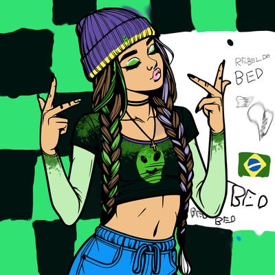 realistic teenage girl with braids and a beanie and crop top doing 🫶🏼