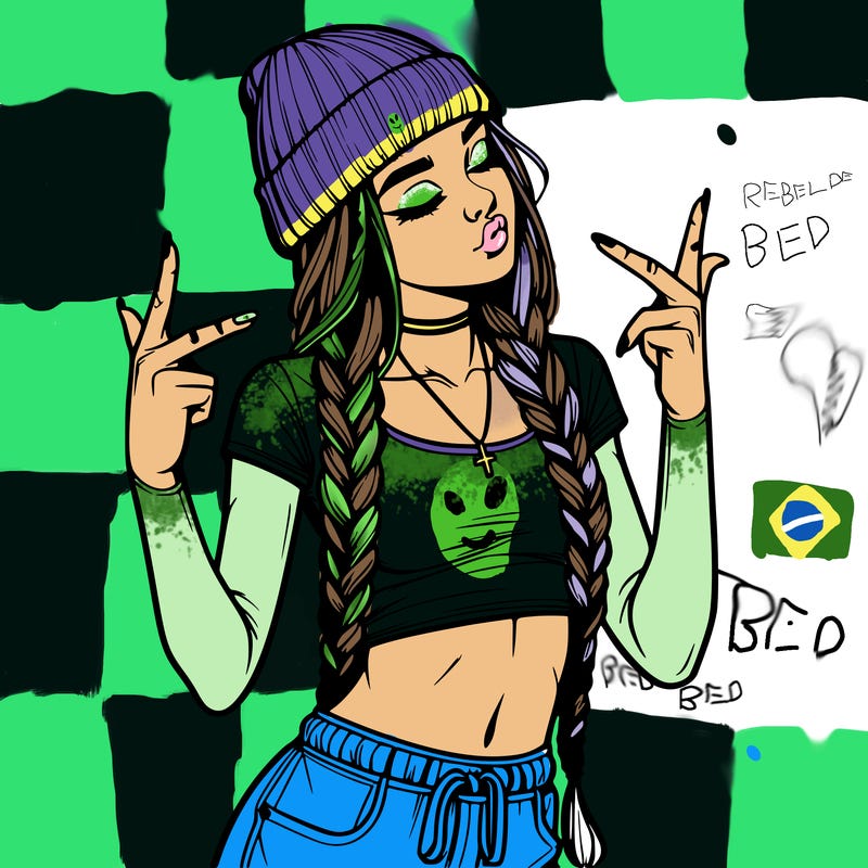 realistic teenage girl with braids and a beanie and crop top doing 🫶🏼