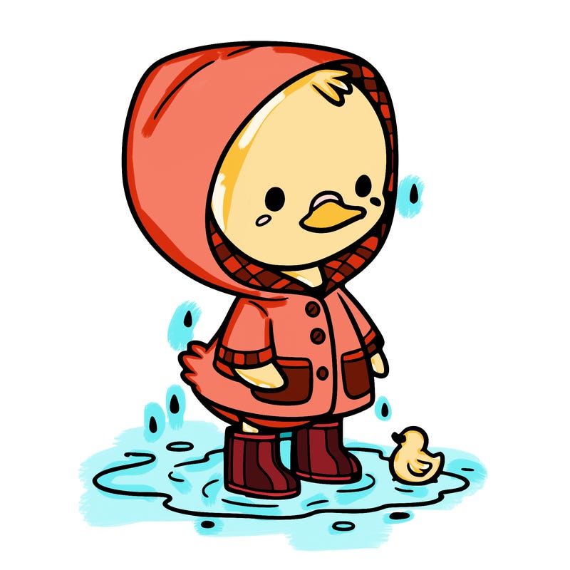 baby duck in a rain coat and boots, in a puddle while it’s raining