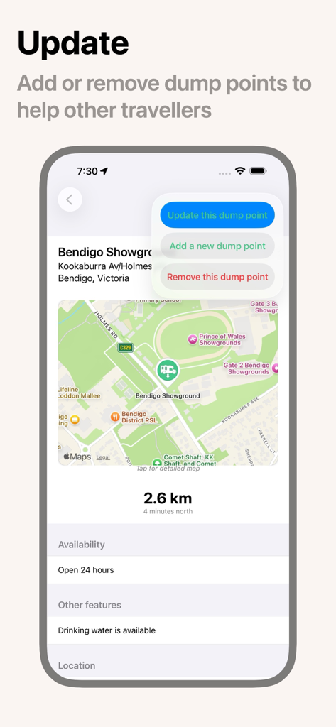 Caravan Helper - Caravan Helper app screen displaying community update options and map details for a dump point in Australia