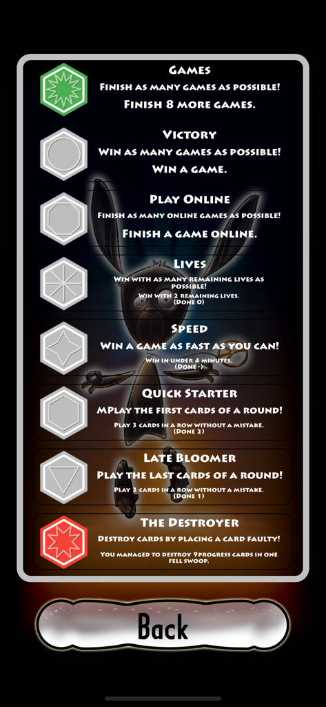 Pantalla de logros del juego móvil The Mind que muestra varios objetivos como velocidad, victoria y desafíos de juego en línea.