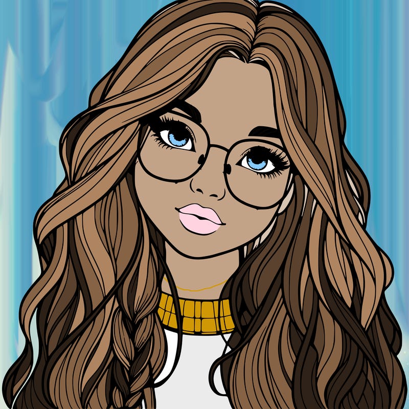 girl with long hair and freckles and glasses realistic