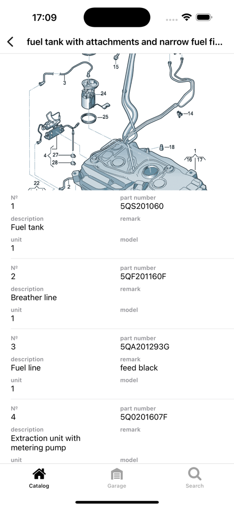 Car parts for Volkswagen - Technical diagram of a Volkswagen fuel tank with specific part numbers
