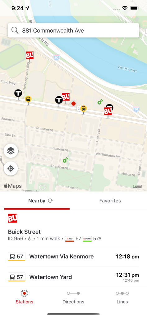 Map view in the Terrier Transit app showing nearby transit icons and real time bus arrivals for Buick Street