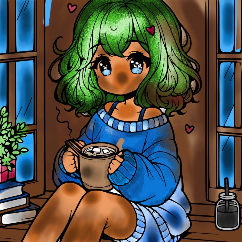 cute anime girl reading book and drinking hot chocolate from mug with loose wavy hair wearing a baggy sweatshirt and shorts sitting by windowsill looking out