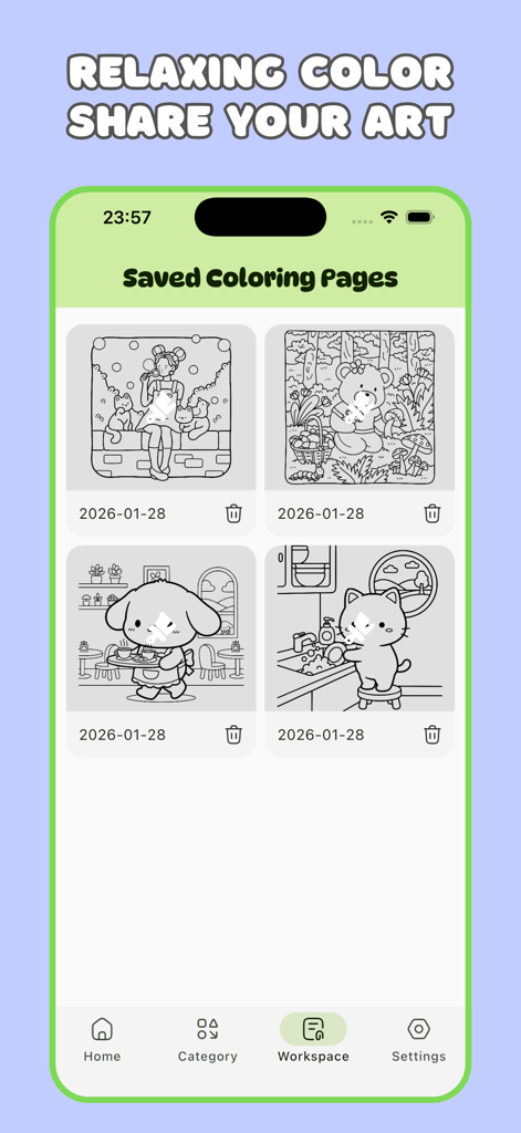 Cozy Coloring Book for Adults - A mobile app interface displaying a gallery of saved line art coloring pages including a girl with cats, a bear in a forest, and a puppy in a cafe.