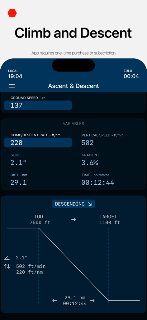 E6B Aviation Calculator - FLT9 - Climb and descent planner interface of the E6B Aviation Calculator app showing flight variables and descent profile