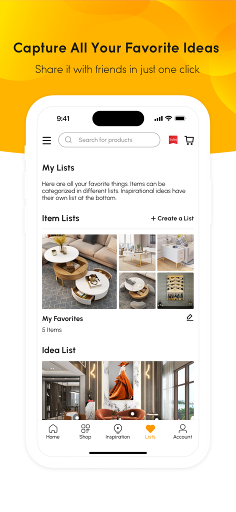 Homary - A mobile screen showing the Homary app My Lists feature with saved furniture and home decor inspiration