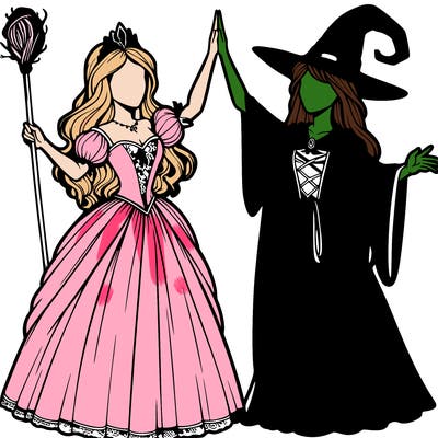 detailed realistic split of a princess and a witch