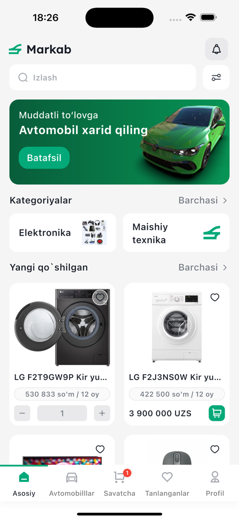 Markab - Markab app home screen in Uzbek featuring product categories for electronics and home appliances