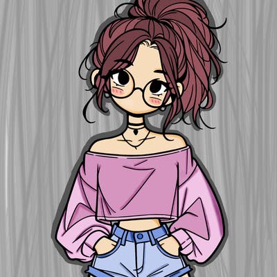 girl with a messy ponytail glasses a baggy crop top and jean shorts