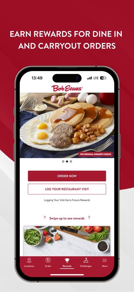 Bob Evans - Mobile App-Oberfläche für Bob Evans Rewards mit dem Original Farmer's Choice Frühstück und Bestellbuttons