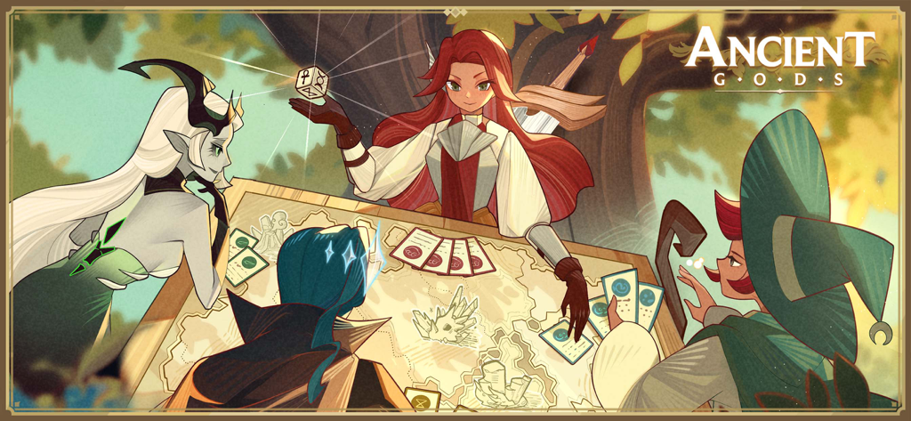 Ancient Gods: Deckbuilding RPG - Four high-fantasy characters gathering around a table with a map and cards in Ancient Gods Deckbuilding RPG.