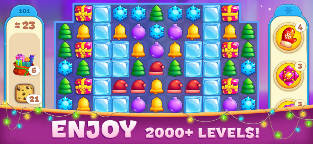 Christmas Sweeper 4 match-3 puzzle board featuring festive icons and game levels