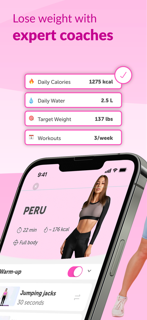 FitHer app dashboard showing daily health metrics and a personalized workout session