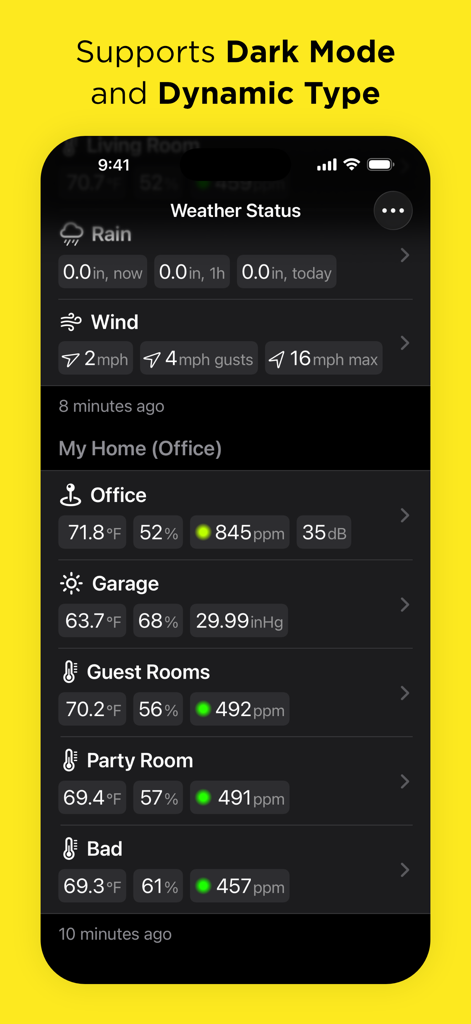 Weather Status for Netatmo - Weather Status for Netatmo app interface on iPhone showing dark mode with data for multiple rooms and outdoor modules.
