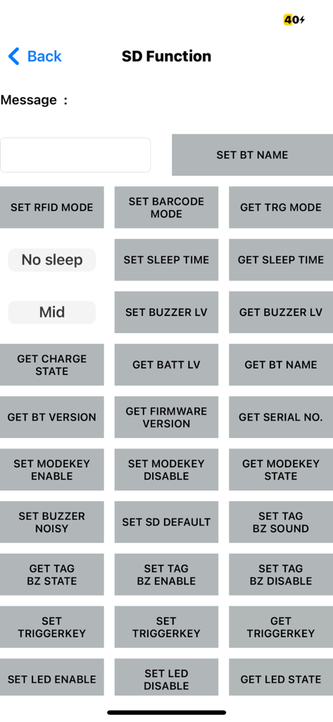 RFR901 APP - Écran de configuration de la fonction SD dans l'application RFR901 montrant divers boutons de paramètres matériels RFID et codes-barres.
