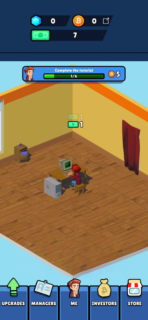 Bitcoin Empire - Personaggio seduto a un computer che mina bitcoin in una semplice camera da letto all'interno del gioco mobile Bitcoin Empire