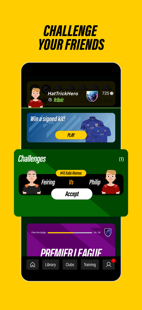 fcQuiz - fcQuiz mobile app interface displaying a soccer trivia challenge invitation between friends