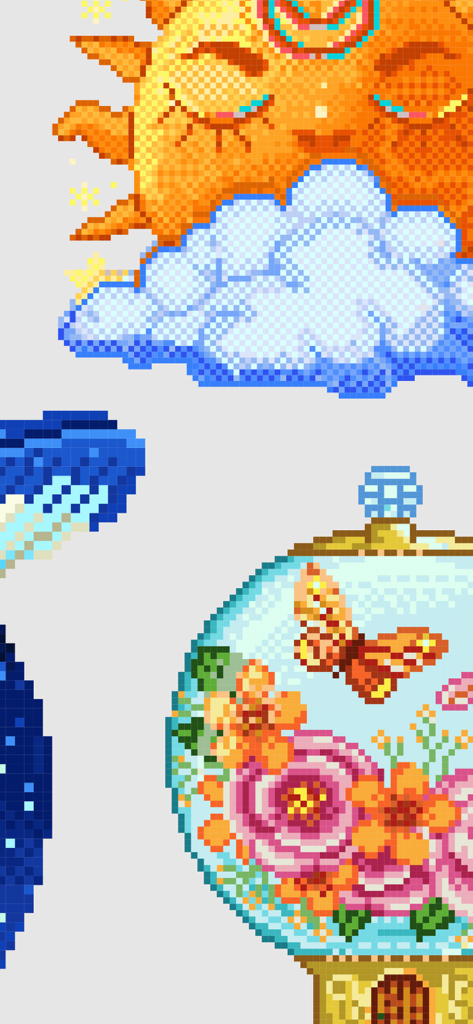 A collection of pixel art designs including a sleeping sun, a whale tail, and a floral terrarium.