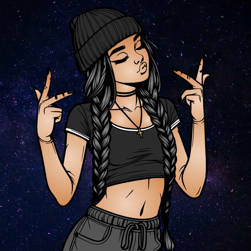 realistic teenage girl with braids and a beanie and crop top doing 🫶🏼