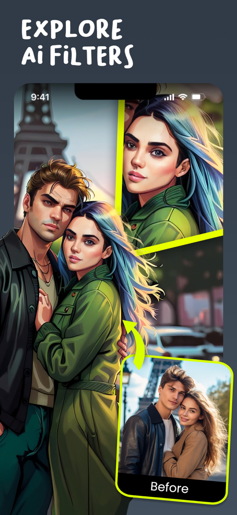 AI Cartoon Generator App - A before and after comparison of a real couple photo transformed into a cartoon illustration using AI filters.