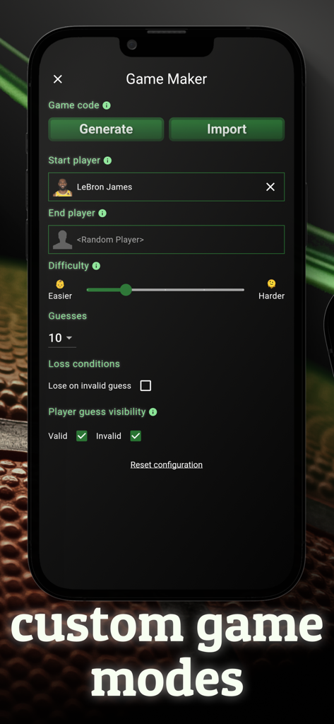 Dribble Game Basketball Trivia interface for creating custom game modes