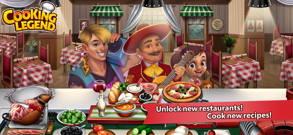 Characters in an Italian restaurant featuring a pepperoni pizza and fresh ingredients in Cooking Legend