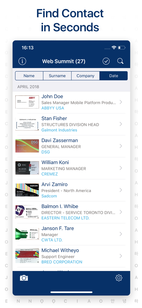 Digitale Liste gescannter Visitenkarten in ABBYY Business Card Reader Pro