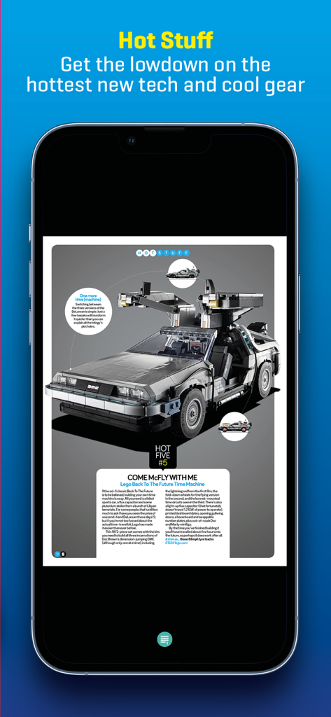 Screenshot of Stuff Magazine app featuring a Lego Back to the Future time machine in the Hot Stuff section.