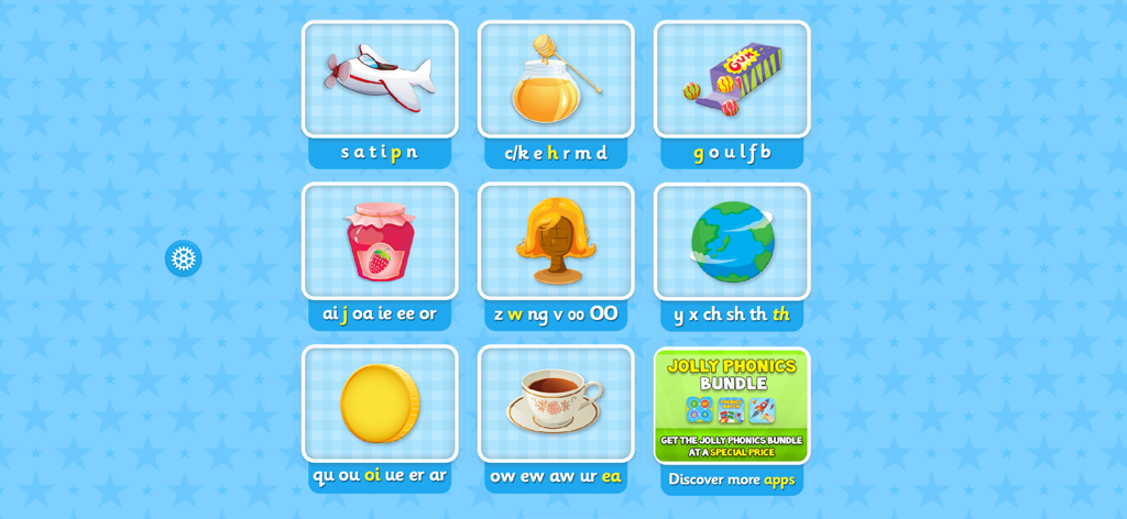 Phonics Flashcards Premium - A menu screen showing various Jolly Phonics sound groups represented by colorful illustrations like an airplane and honey jar