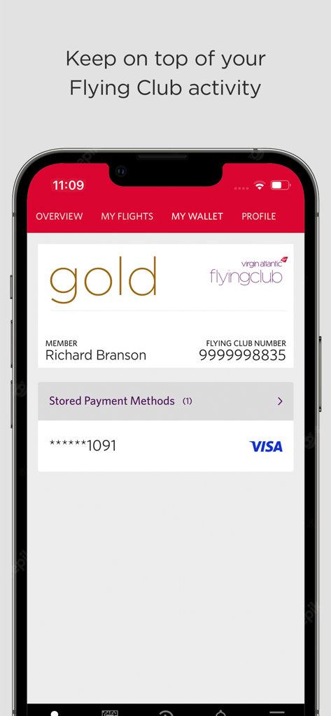 Virgin Atlantic mobile app showing a Flying Club Gold membership card and stored payment methods