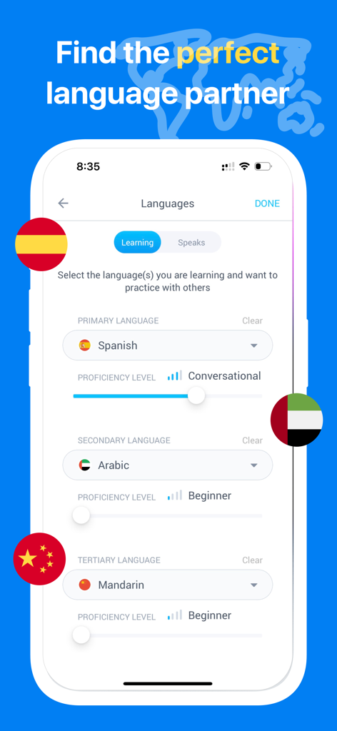 Screenshot of the Idyoma app interface for selecting languages to learn and setting proficiency levels for Spanish, Arabic, and Mandarin.