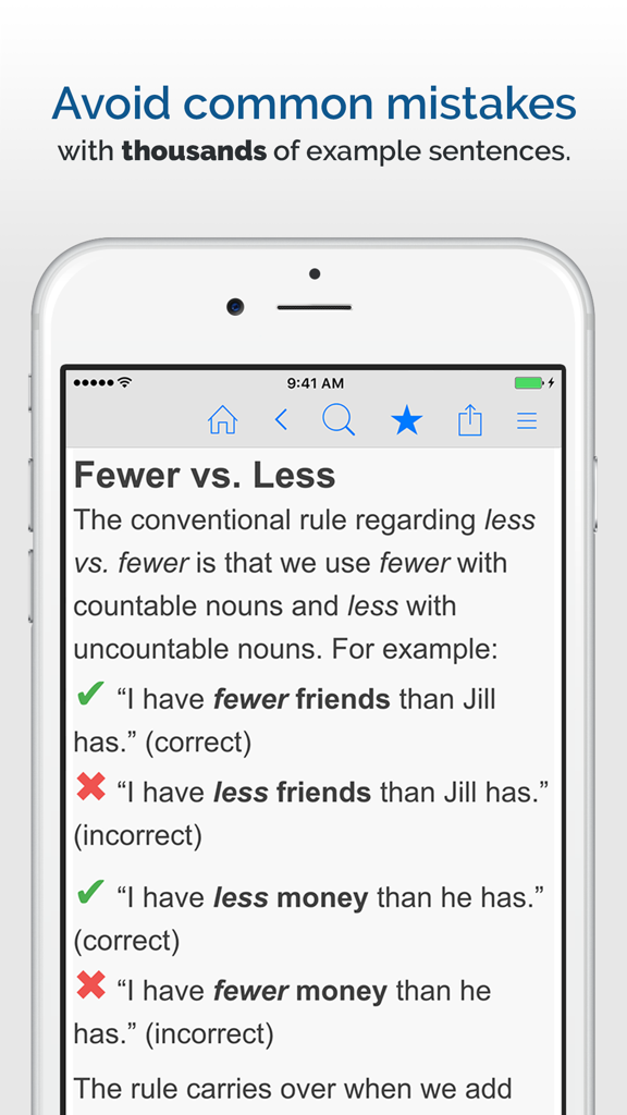 Complete English Grammar Rules - A mobile app screen displaying a grammar lesson about the difference between fewer and less with example sentences.